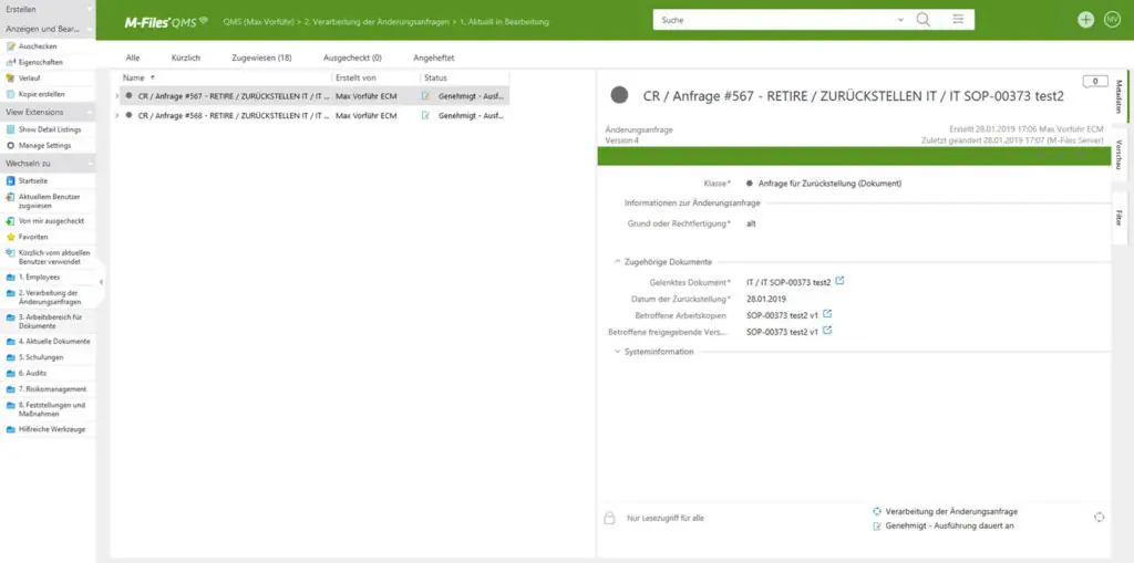 Change request im M-Files QMS