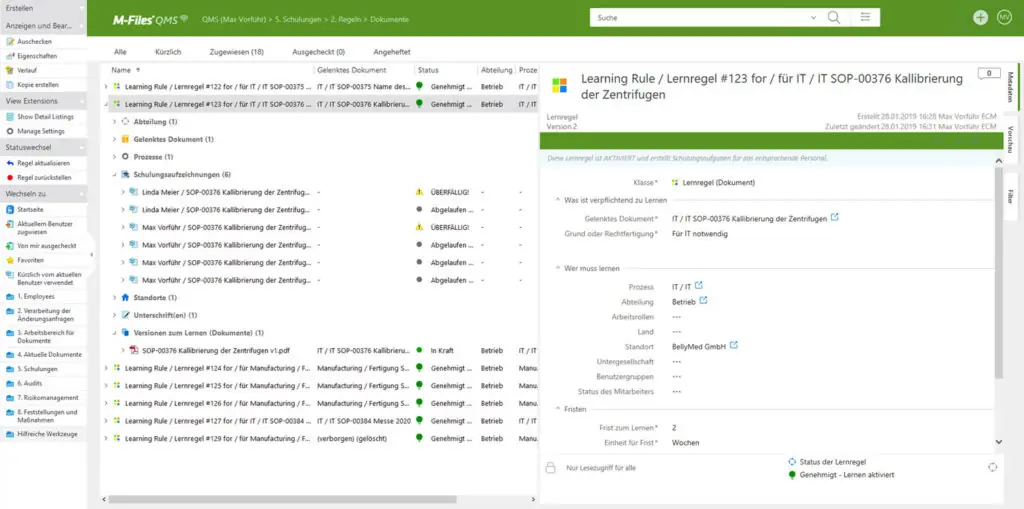Lernregel und Schulungsübersicht im QMS