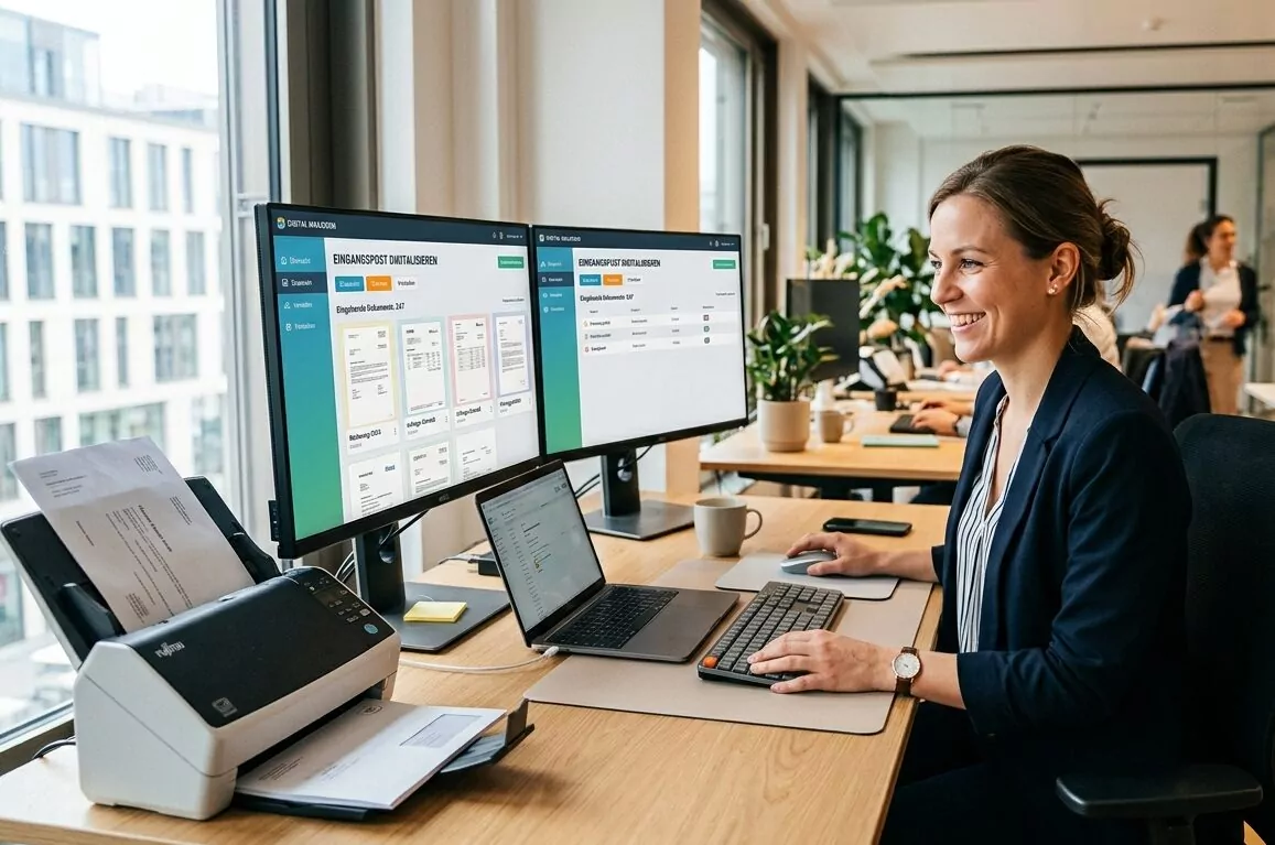 Frau am Schreibtisch, arbeitet mit Software für digitalen Posteingang und ist glücklich